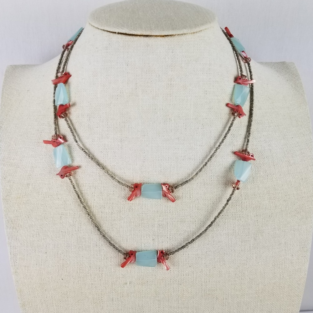 Southwest Long length silver beaded bird necklace